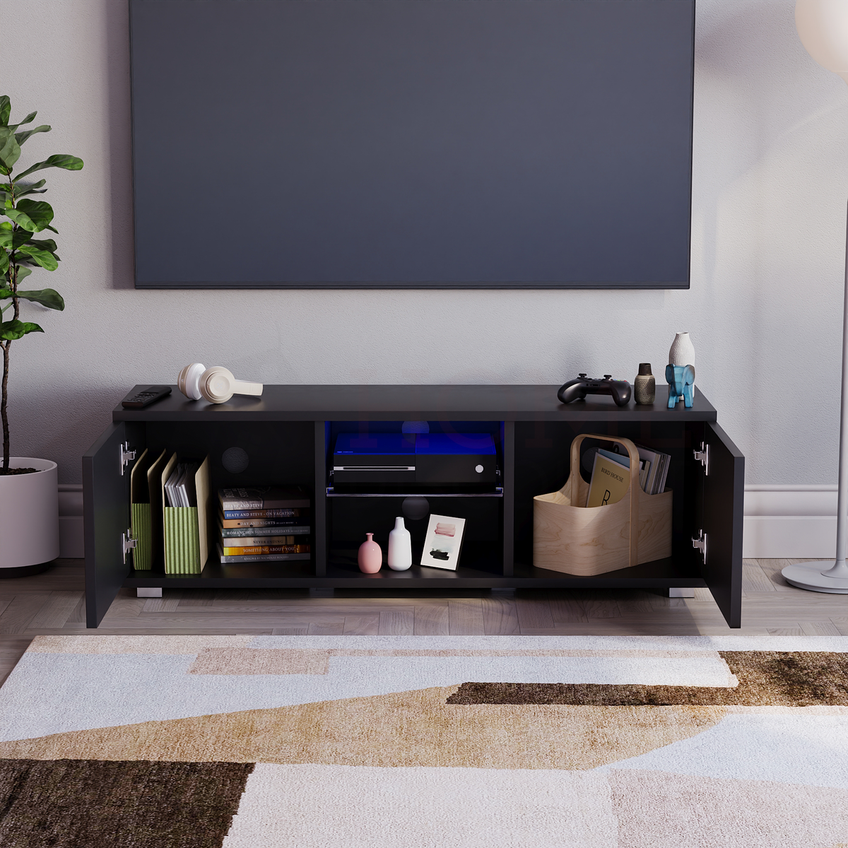 Cosmo 2-Door LED TV Unit, 120cm - Black