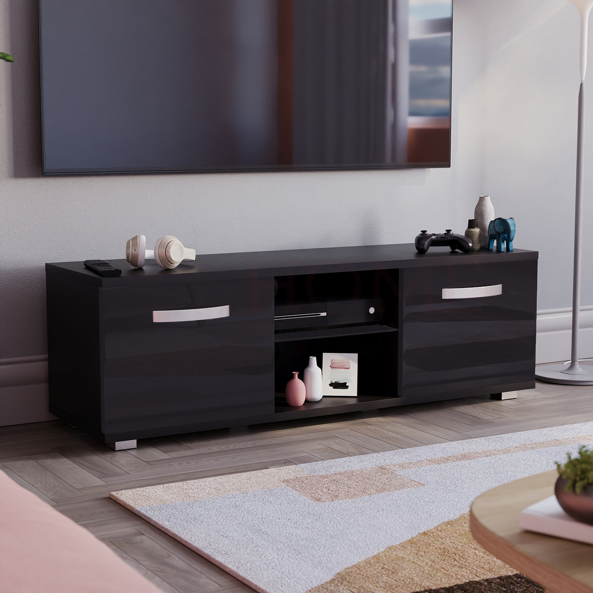 Cosmo 2-Door LED TV Unit, 120cm - Black