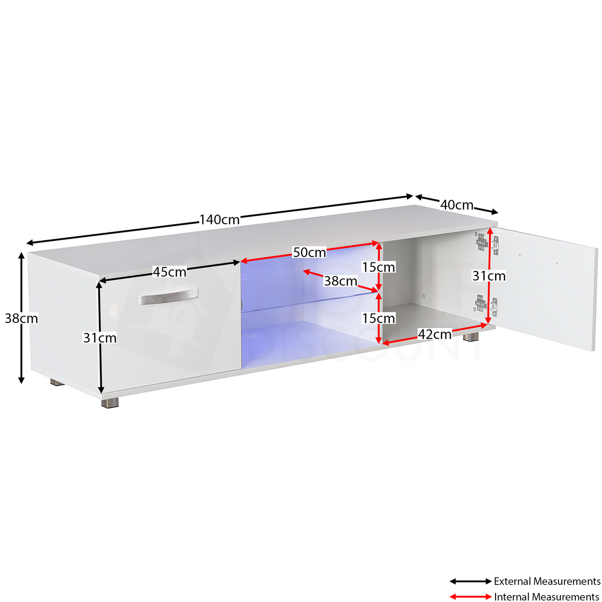 Cosmo 2-Door LED TV Unit, 140cm - White