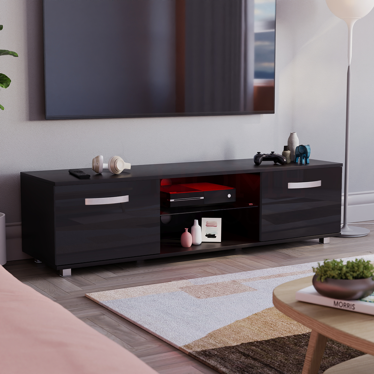 Cosmo 2-Door LED TV Unit, 140cm - Black