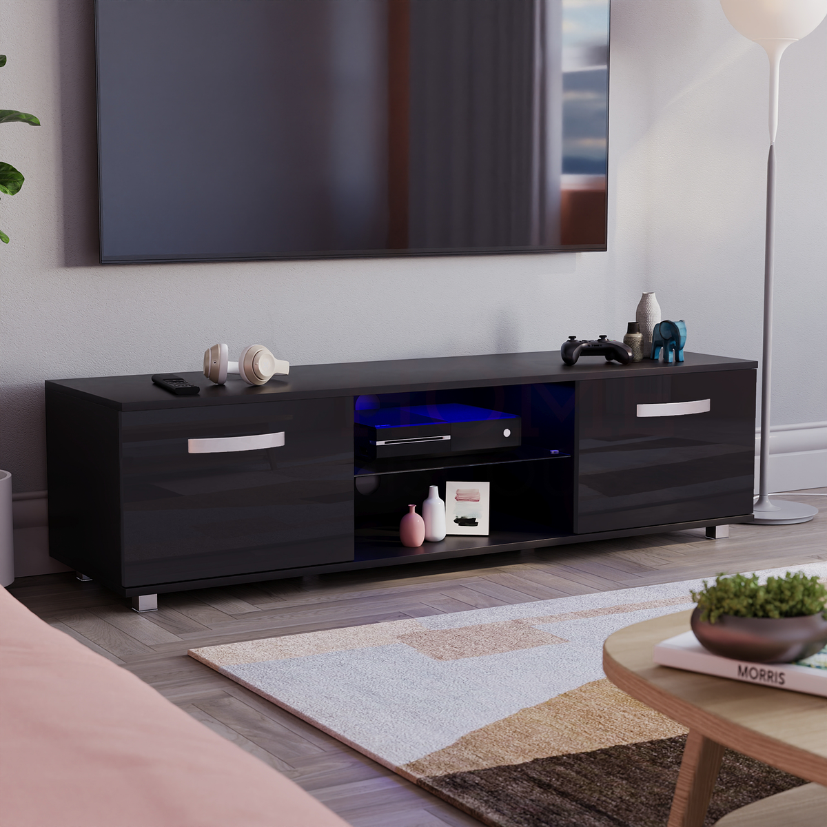 Cosmo 2-Door LED TV Unit, 140cm - Black