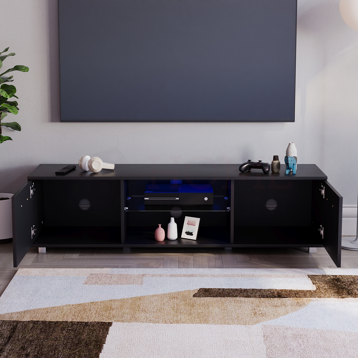 Cosmo 2-Door LED TV Unit, 140cm - Black