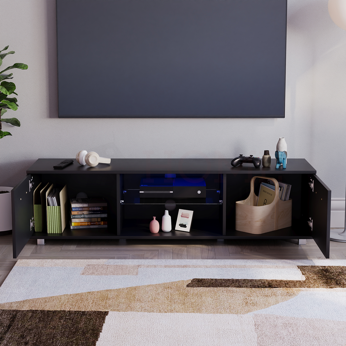 Cosmo 2-Door LED TV Unit, 140cm - Black