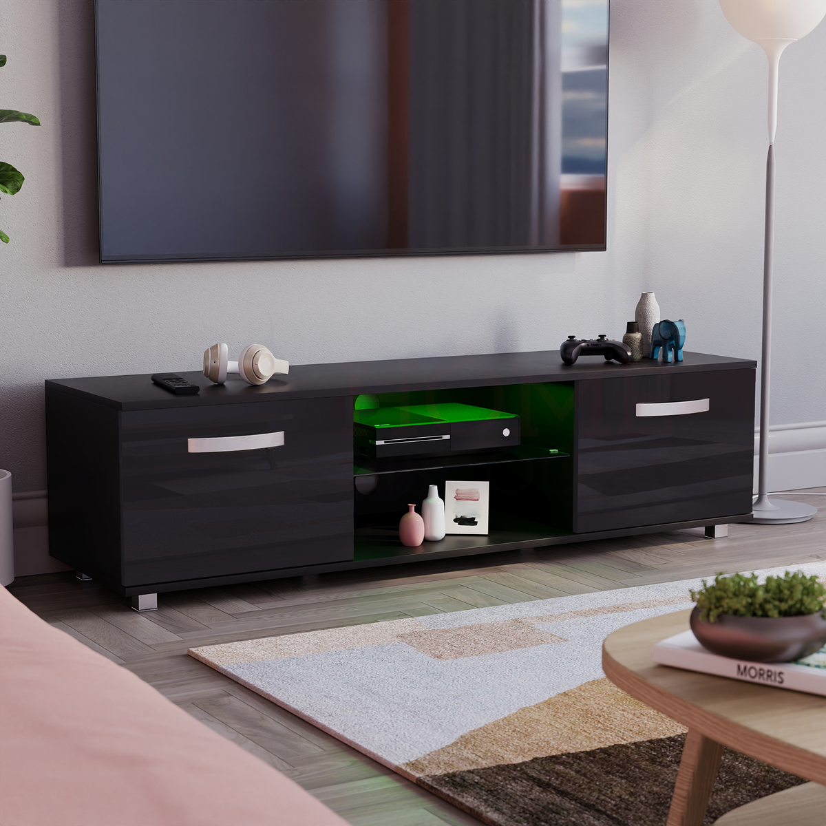 Cosmo 2-Door LED TV Unit, 140cm - Black