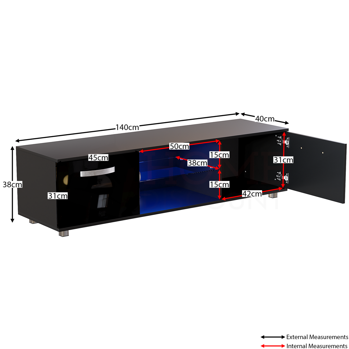 Cosmo 2-Door LED TV Unit, 140cm - Black