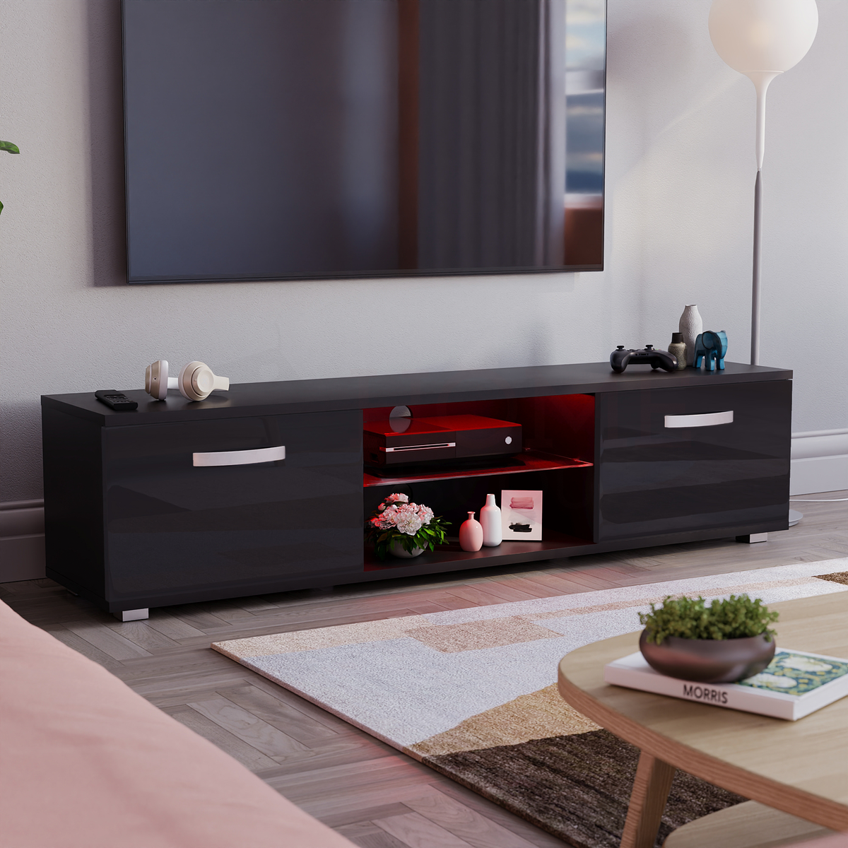 Cosmo 2-Door LED TV Unit, 160cm - Black