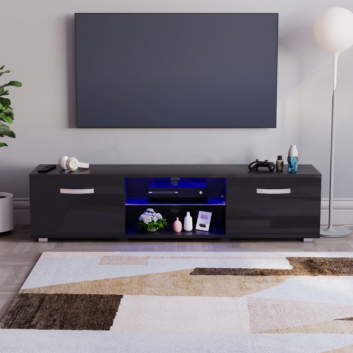 Cosmo 2-Door LED TV Unit, 160cm - Black