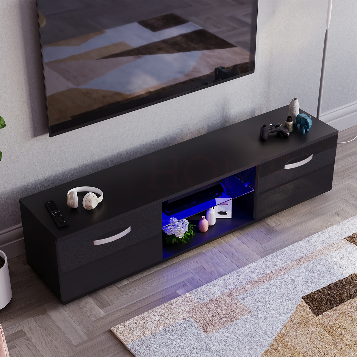 Cosmo 2-Door LED TV Unit, 160cm - Black