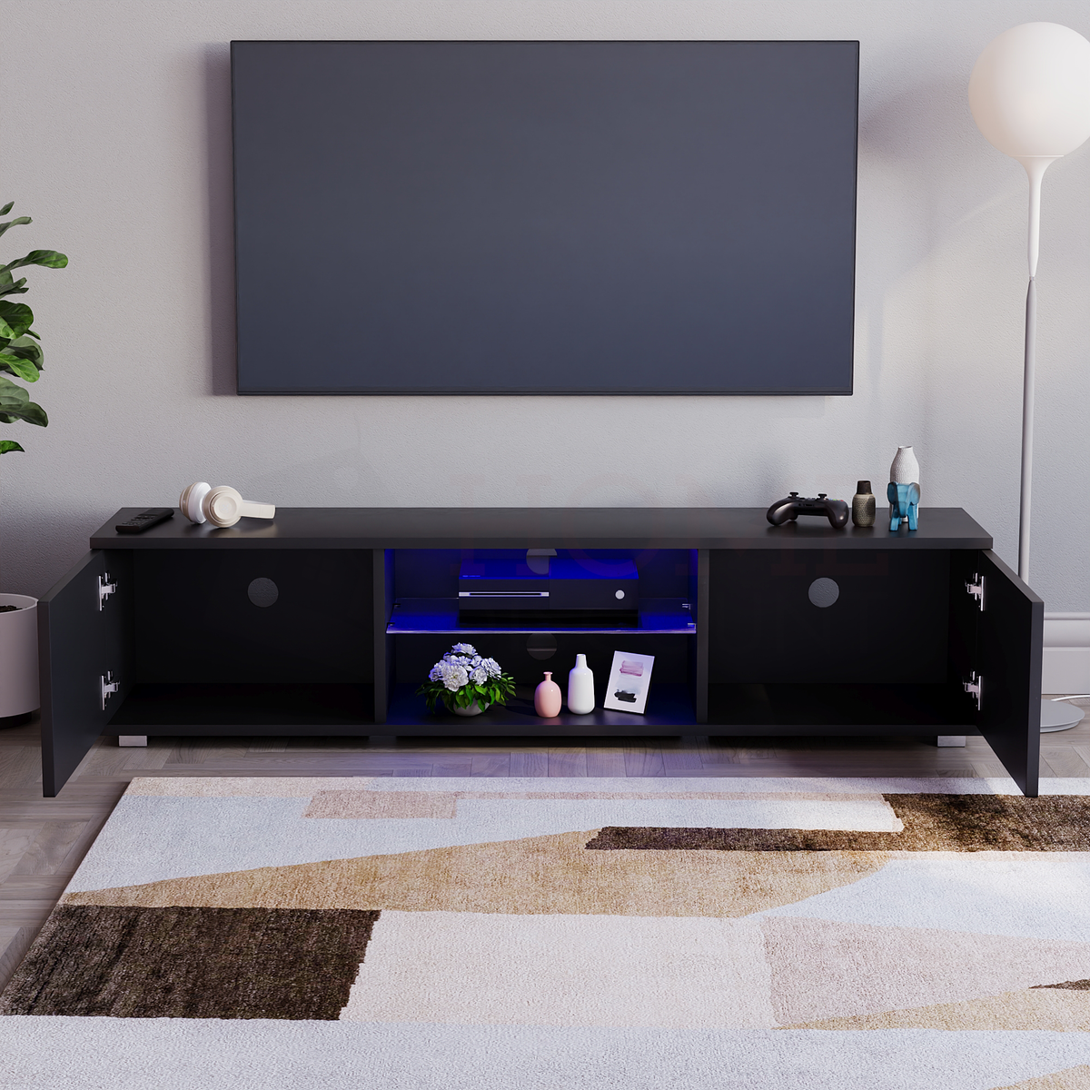 Cosmo 2-Door LED TV Unit, 160cm - Black