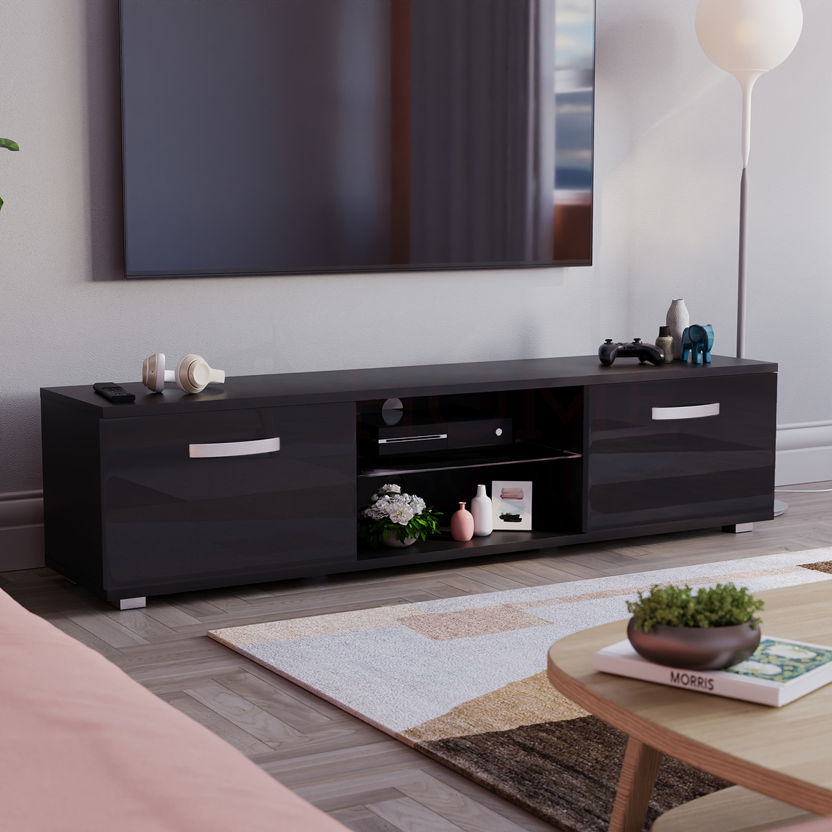Cosmo 2-Door LED TV Unit, 160cm - Black