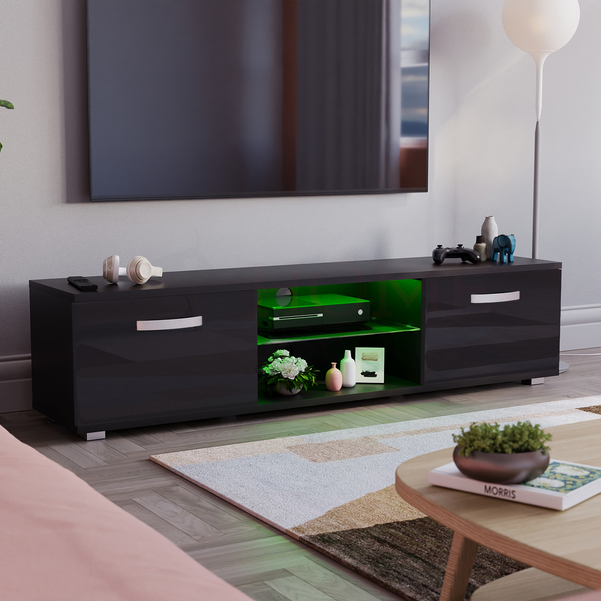 Cosmo 2-Door LED TV Unit, 160cm - Black