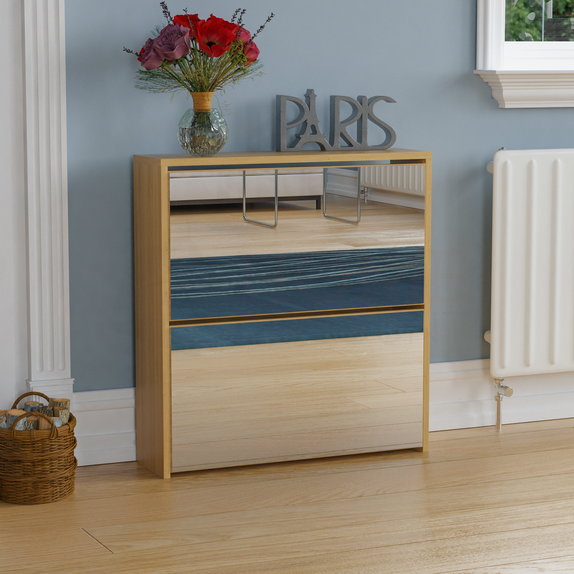 Welham 2-Drawer Mirrored Shoe Cabinet, Oak Home Discount Ltd