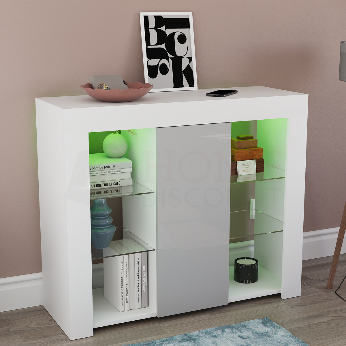 Azura 1-Door Large LED Sideboard - White & Grey
