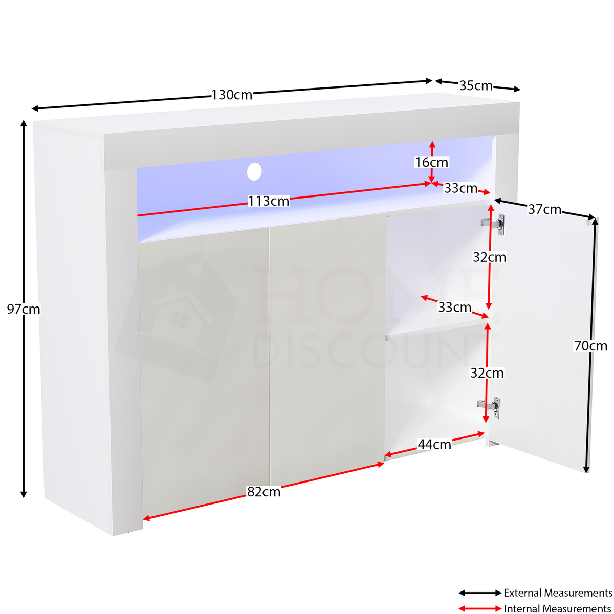 Nova 3-Door LED Sideboard - White
