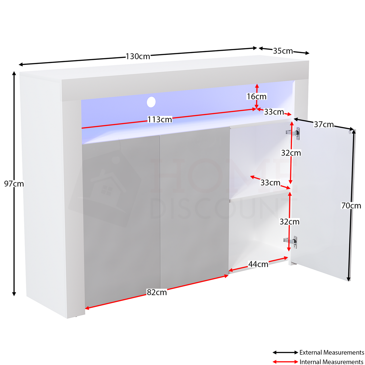 Nova 3-Door LED Sideboard - White & Grey