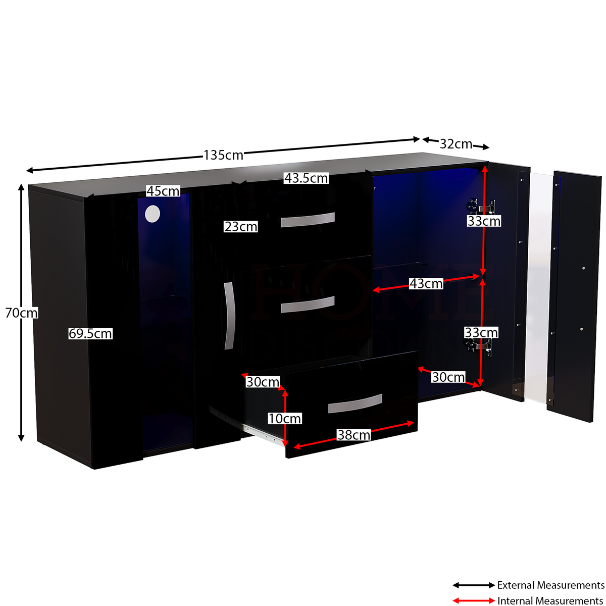 Astro 2-Door 3-Drawer LED Sideboard - Black