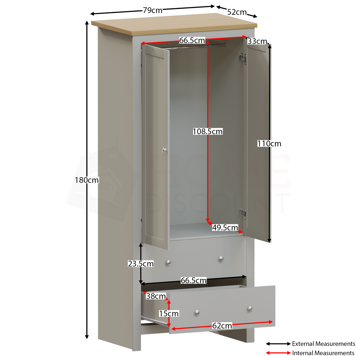 Arlington 2-Door 2-Drawer Wardrobe - Grey
