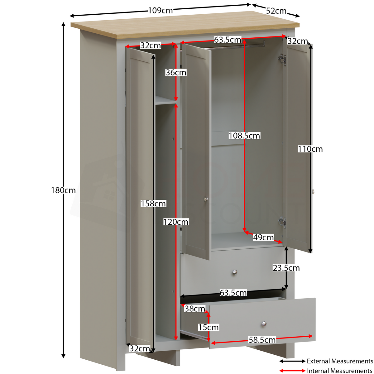 Arlington 3-Door 2-Drawer Wardrobe - Grey