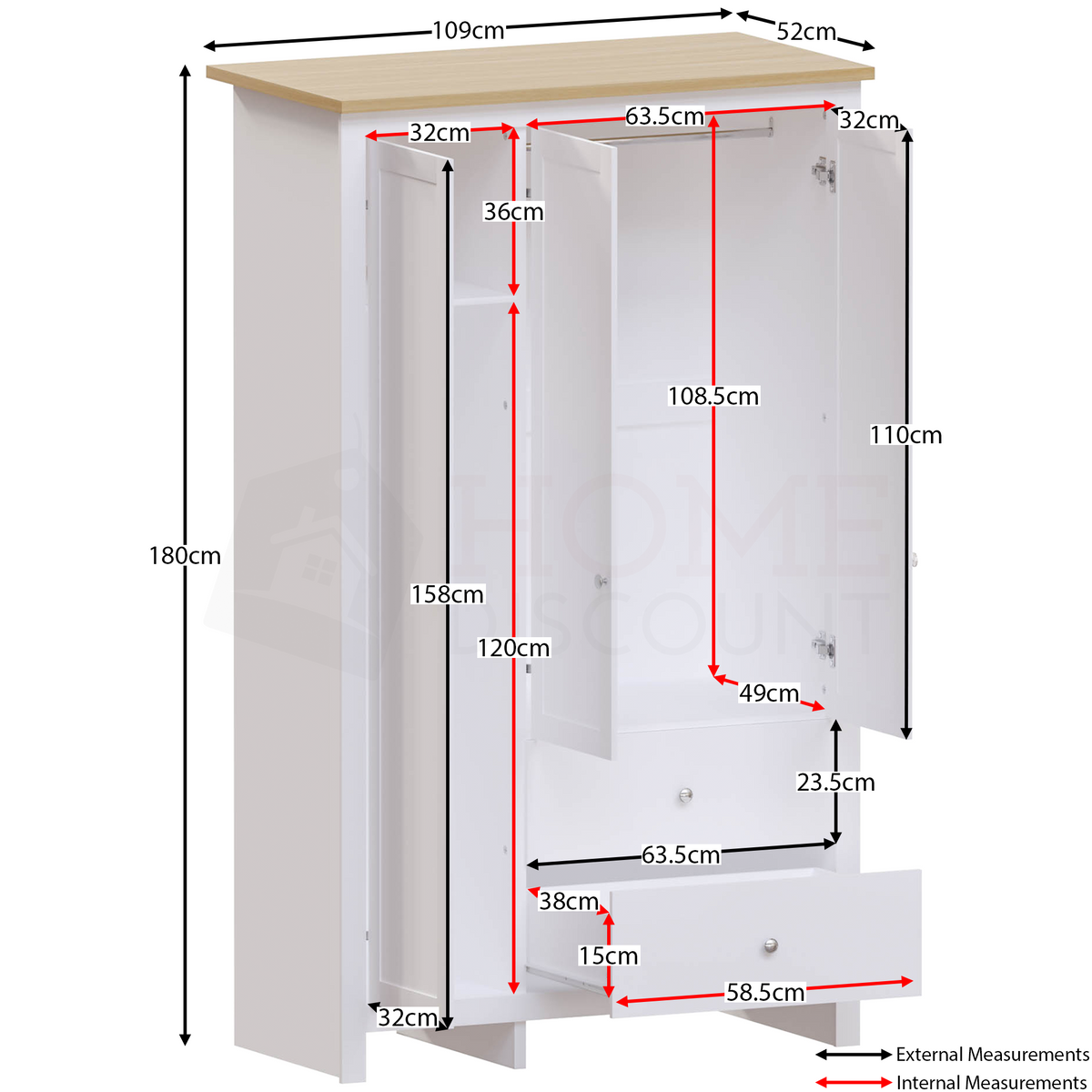 Arlington 3-Door 2-Drawer Wardrobe - White