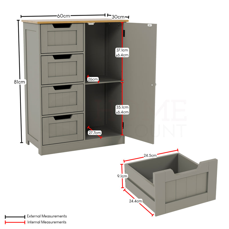 Priano 4-Drawer 1-Door Freestanding Unit - Grey & Oak