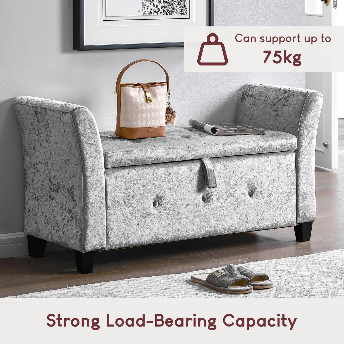 Seville Crushed Velvet Storage Ottoman, Silver UKFR