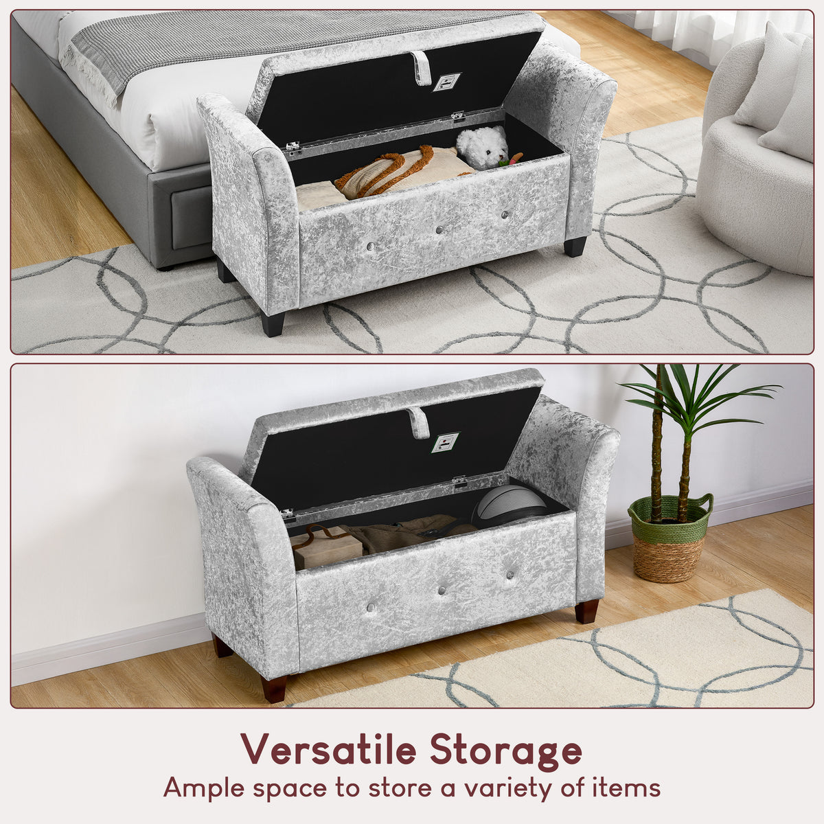 Seville Crushed Velvet Storage Ottoman, Silver UKFR