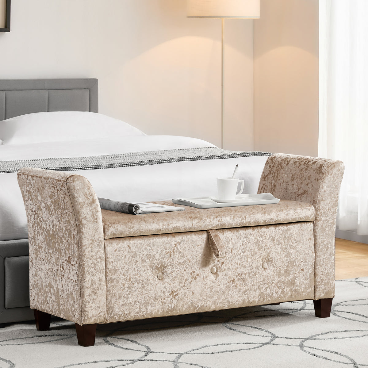 Seville Crushed Velvet Storage Ottoman, Champagne UKFR