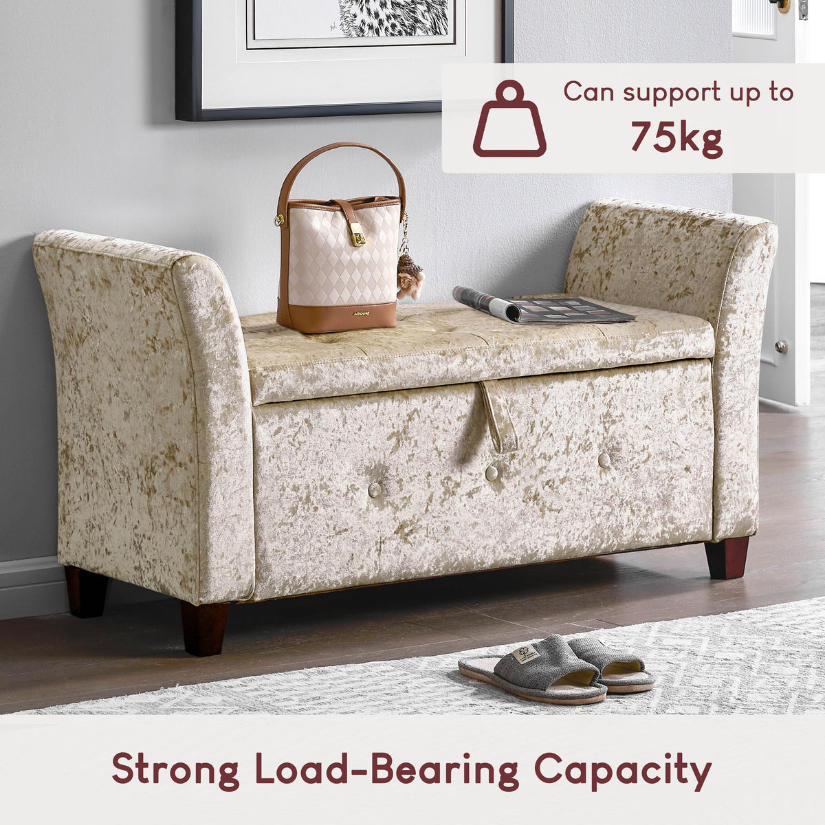 Seville Crushed Velvet Storage Ottoman, Champagne UKFR