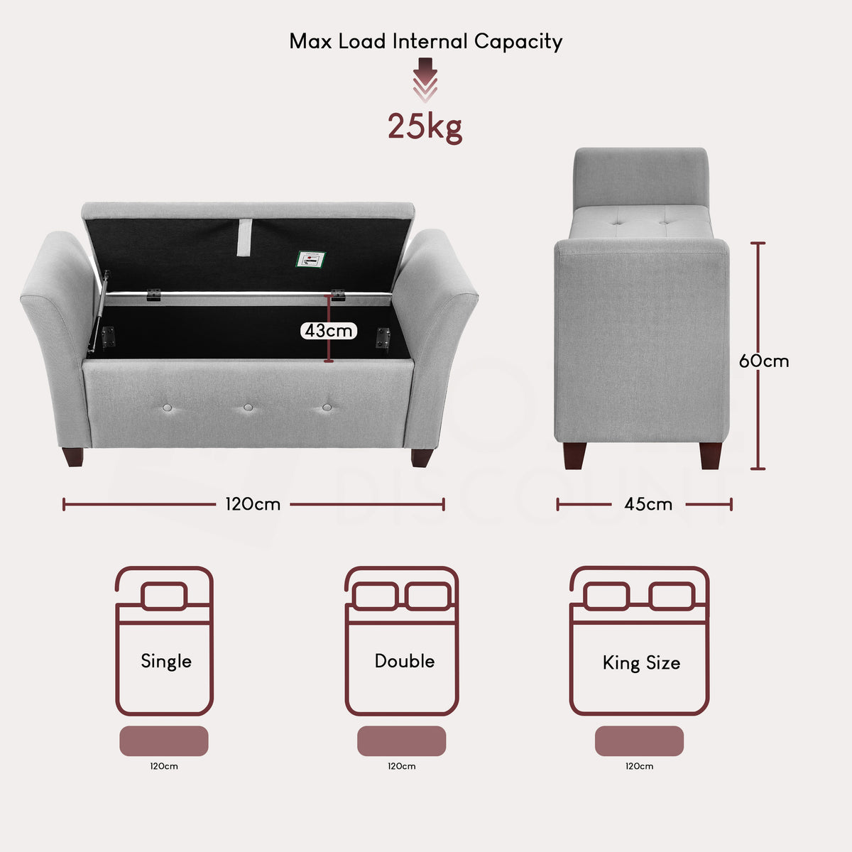 Seville Linen Storage Ottoman, Light Grey UKFR
