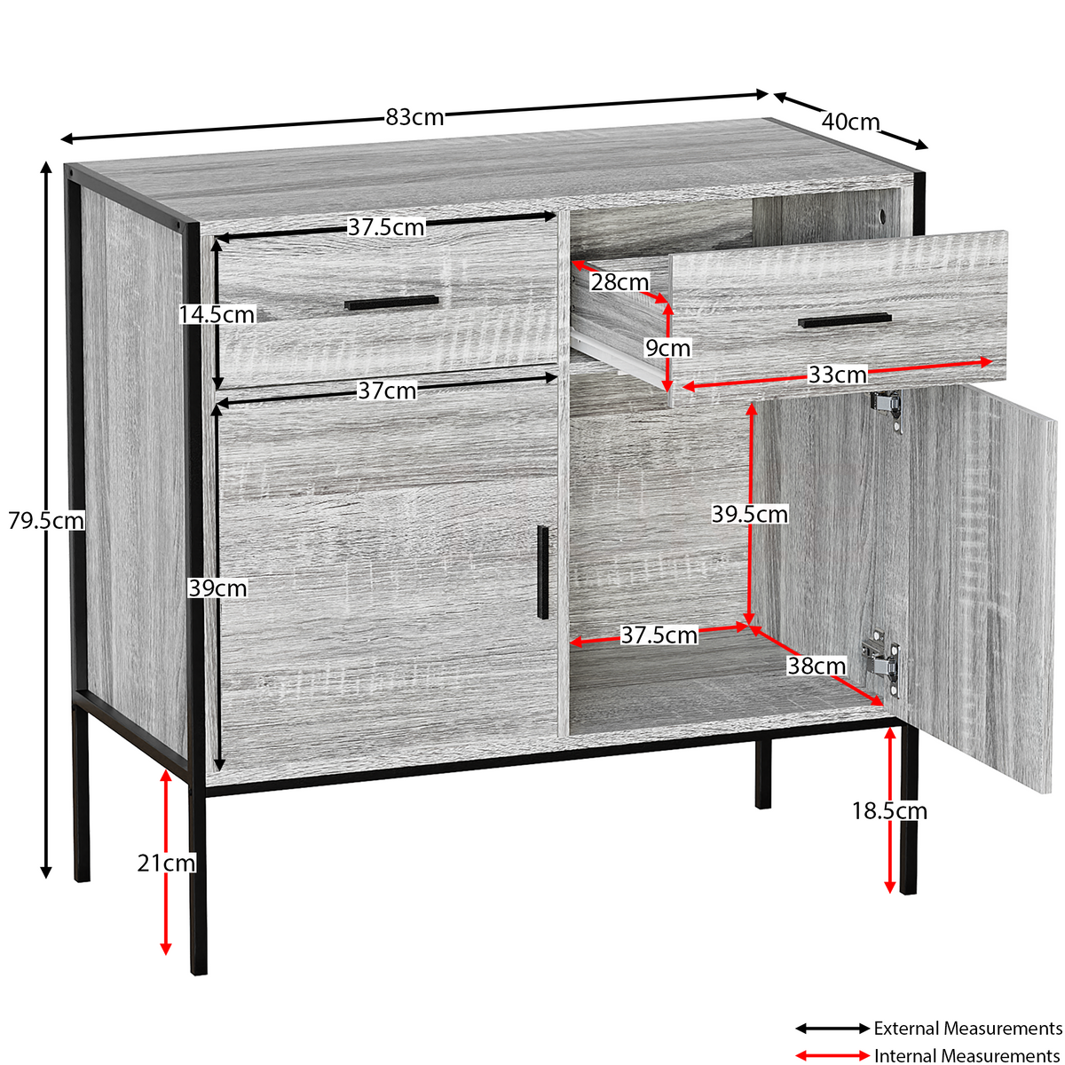 Brooklyn 2-Door 2-Drawer Sideboard - Grey