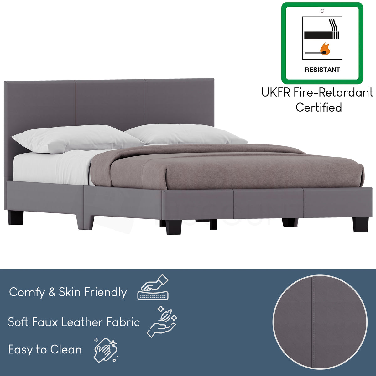 Lisbon Small Double Faux Leather Bed, Grey UKFR