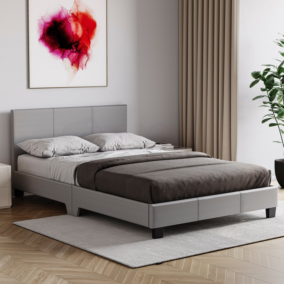 Lisbon Small Double Faux Leather Bed, Grey UKFR