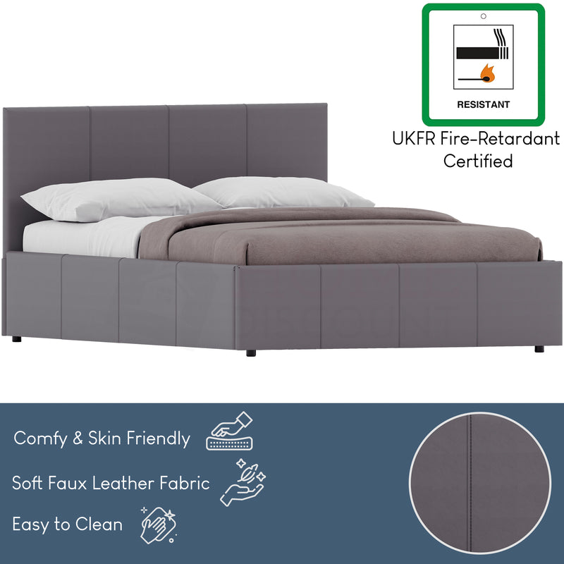 Lisbon King Size Ottoman Faux Leather Bed, Grey UKFR