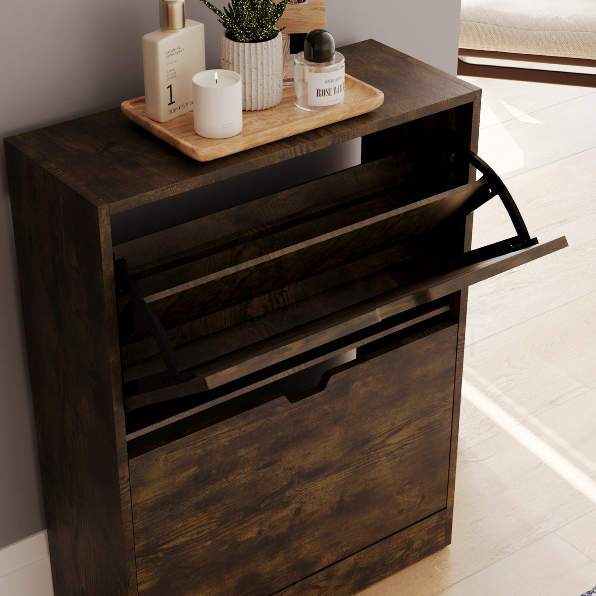 2-Drawer Shoe Cabinet, Dark Wood