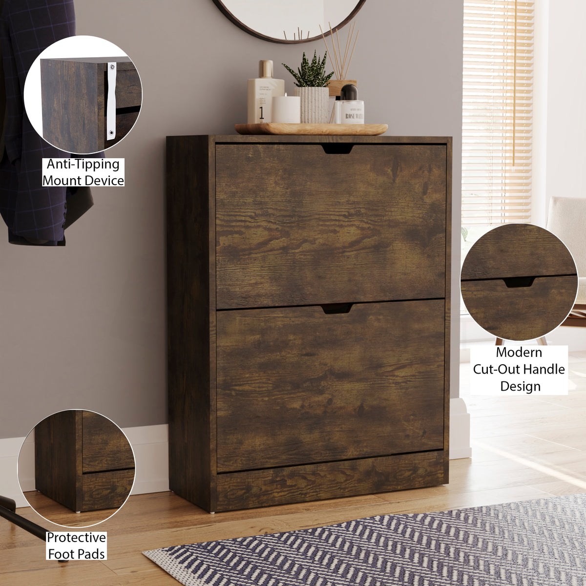 2-Drawer Shoe Cabinet, Dark Wood