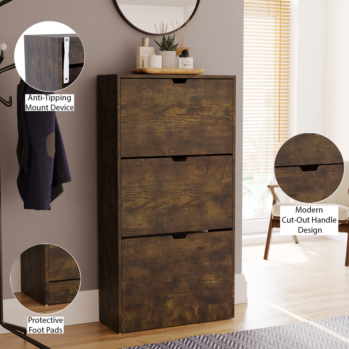 3-Drawer Shoe Cabinet - Dark Wood