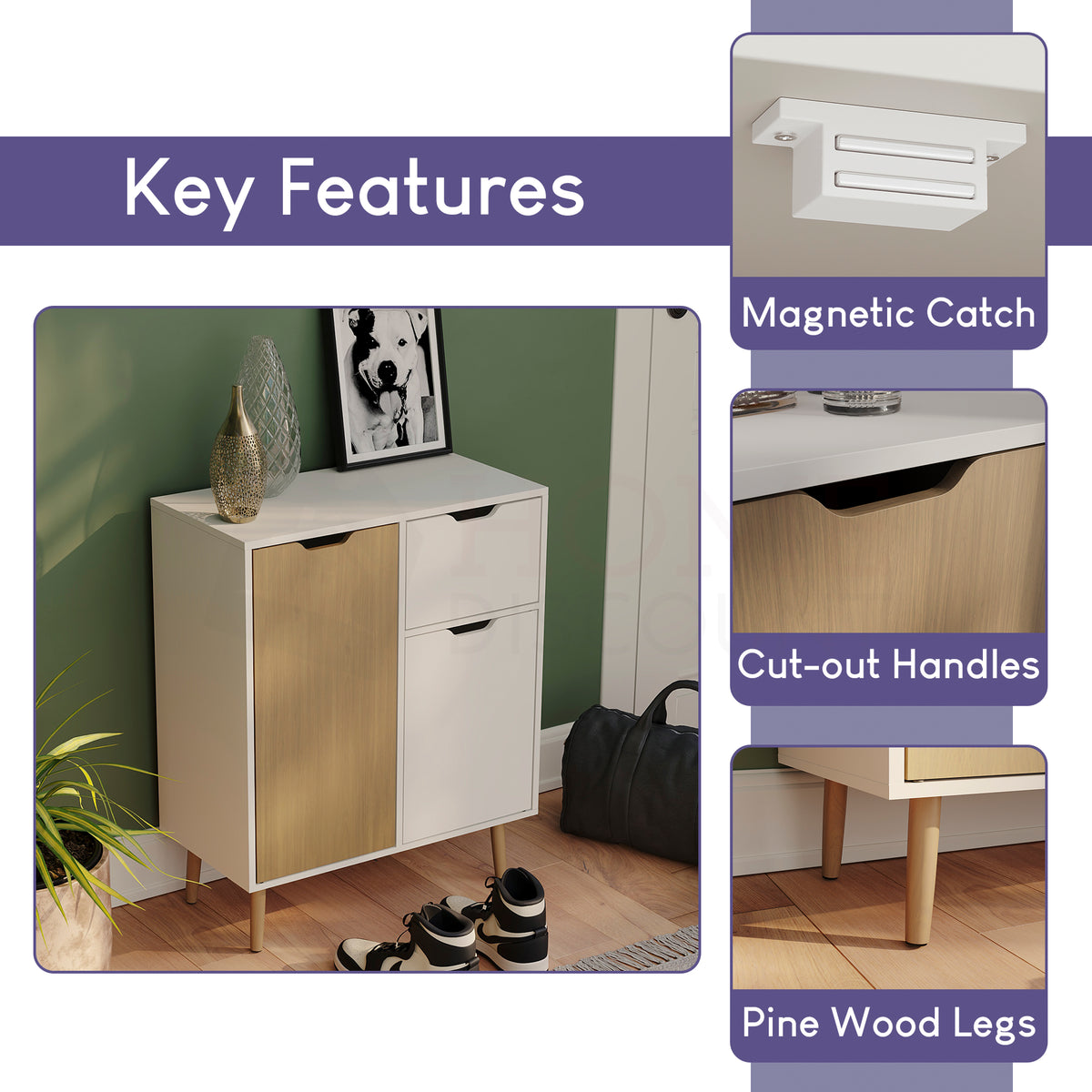 2 Door 1 Drawer Sideboard, Oak & White