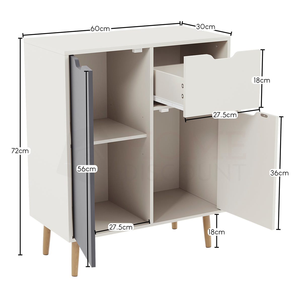 2 Door 1 Drawer Sideboard, Grey & White