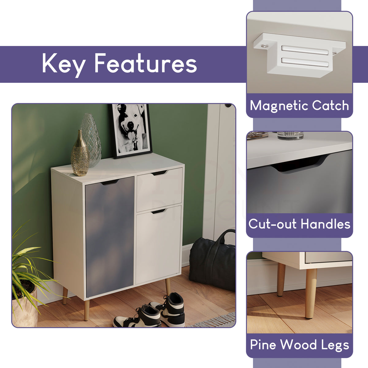 2 Door 1 Drawer Sideboard, Grey & White