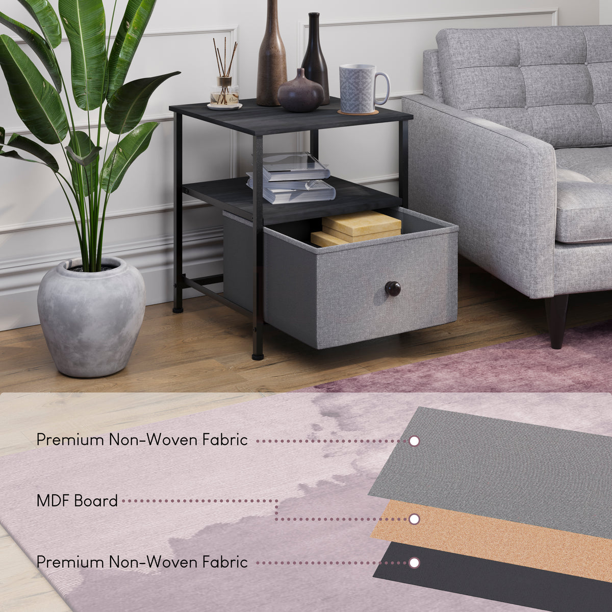 Chorley 1 Drawer Fabric Drawer Chest, Grey & Black