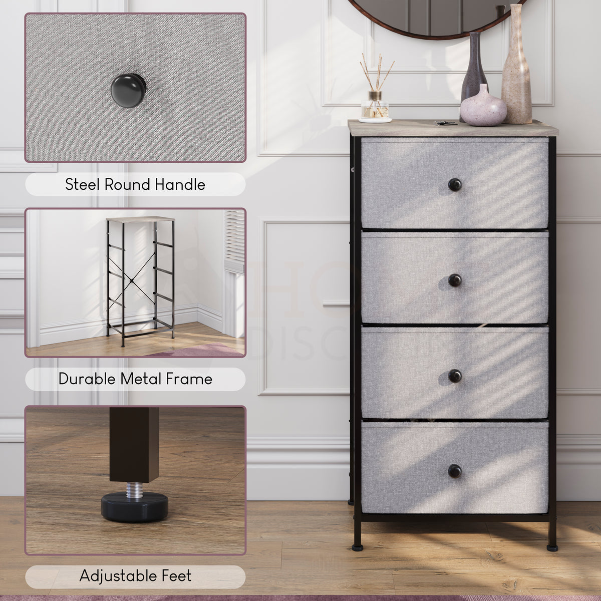 Chorley 4 Drawer Fabric Drawer Chest, Beige & Grey Wood