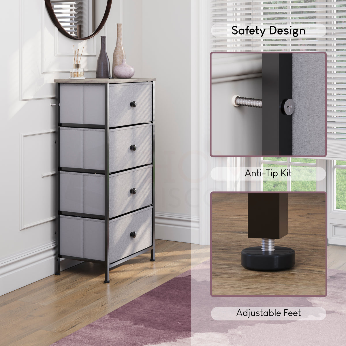 Chorley 4 Drawer Fabric Drawer Chest, Beige & Grey Wood