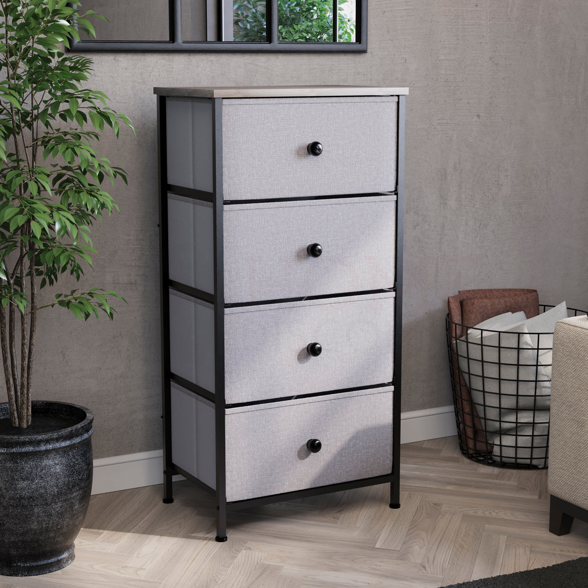 Chorley 4 Drawer Fabric Drawer Chest, Beige & Grey Wood