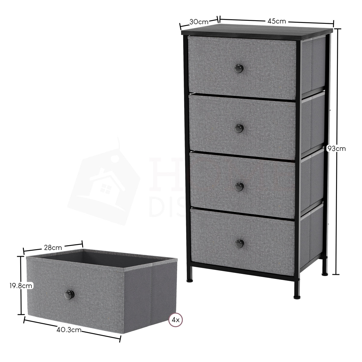 Chorley 4 Drawer Fabric Drawer Chest, Grey & Black