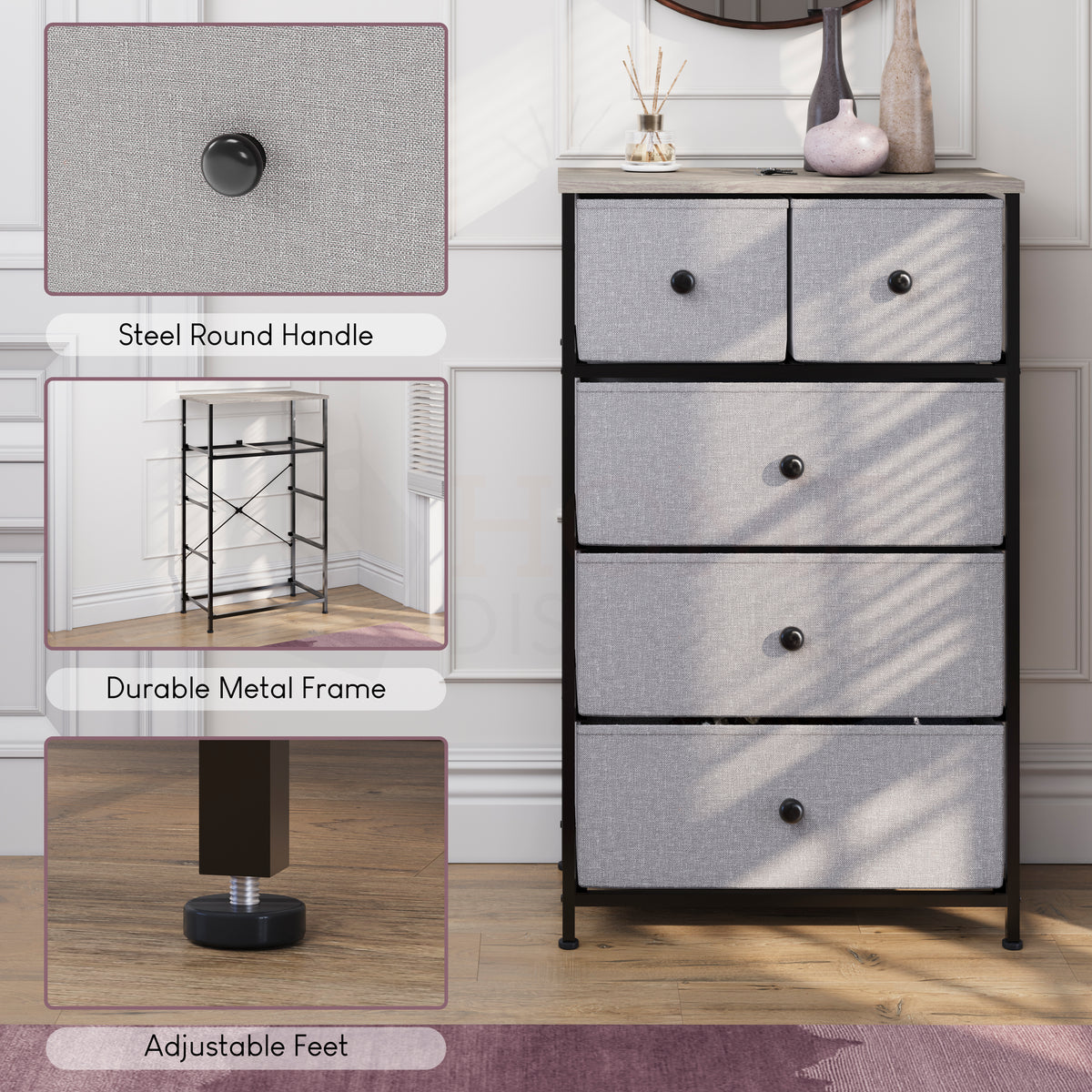 Chorley 5 Drawer Fabric Drawer Chest, Beige & Grey Wood