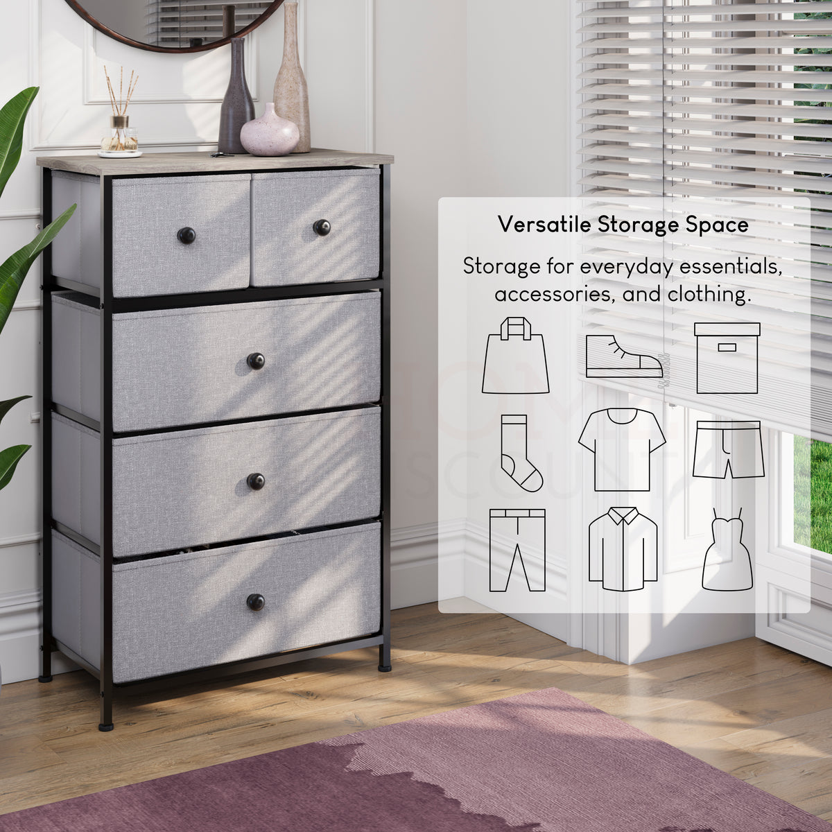 Chorley 5 Drawer Fabric Drawer Chest, Beige & Grey Wood