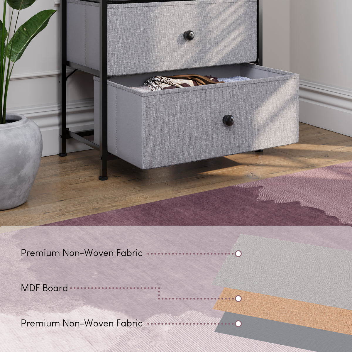Chorley 5 Drawer Fabric Drawer Chest, Beige & Grey Wood