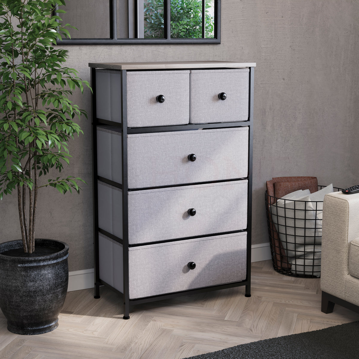 Chorley 5 Drawer Fabric Drawer Chest, Beige & Grey Wood