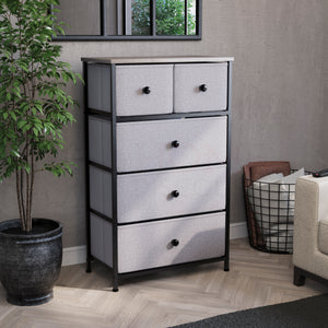 Chorley 5 Drawer Fabric Drawer Chest, Beige & Grey Wood