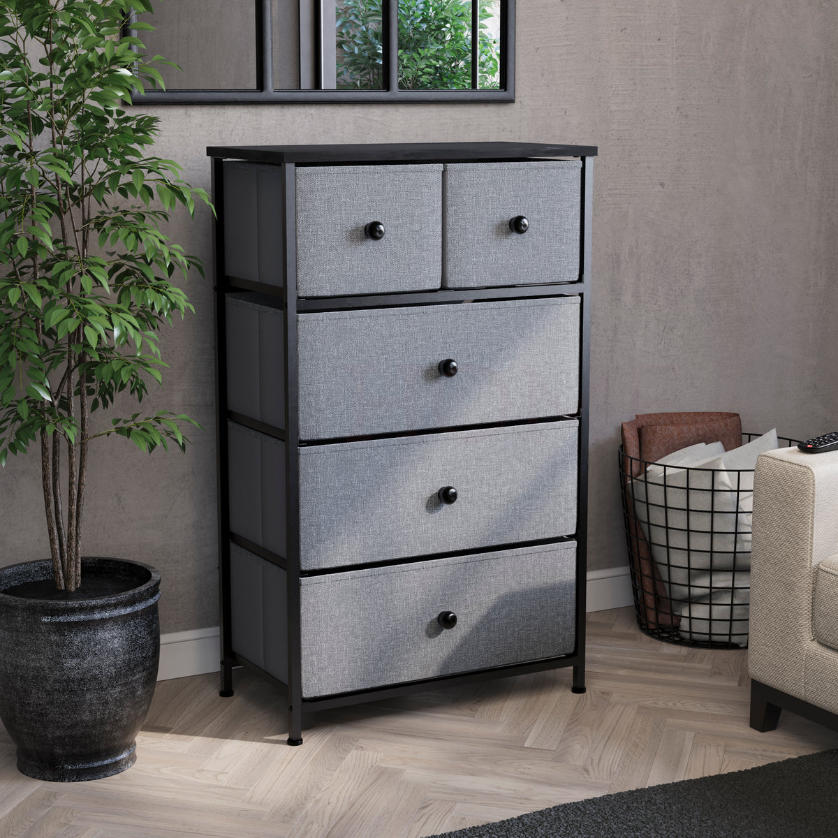 Chorley 5 Drawer Fabric Drawer Chest, Grey & Black